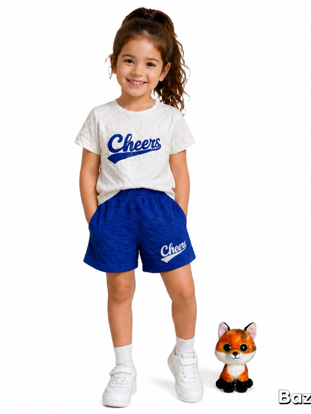 3pc Sz 7/8 Blue cheerleading costume Shirt & Shorts Set W/ Ty Medow Fox Plush